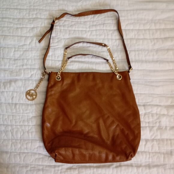 MICHAEL KORS Brown Pebbled Leather Gold Chain Handle Shoulder Bag EUC, Big - Picture 1 of 16